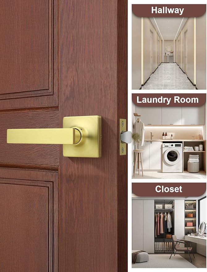 Mengico 4 Pack Passage Door Levers Gold Finish, No-Locking Keyless Square Door Knob, Interior Door Handles for Closet and Hallway, Reversible for Left & Right Handed