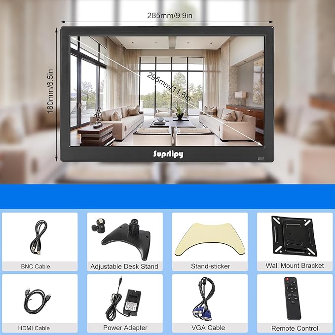 Suprlipy 12 inch FHD Small IPS Monitor LCD Display Screen 1920x1080 60Hz 16:9 with BNC VGA AV Input Built-in Lounspeakers for CCTV Security Camera DVR PC RasPi