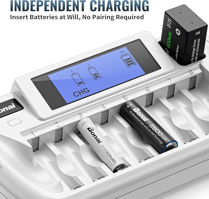 BONAI Rechargeable AA Batteries with Charger, 8+1 Bay Battery Charger with LCD Display for 1.2V NiMH AA AAA 9V, 2800mAh High Capacity Low Self Discharge- 8 Pack