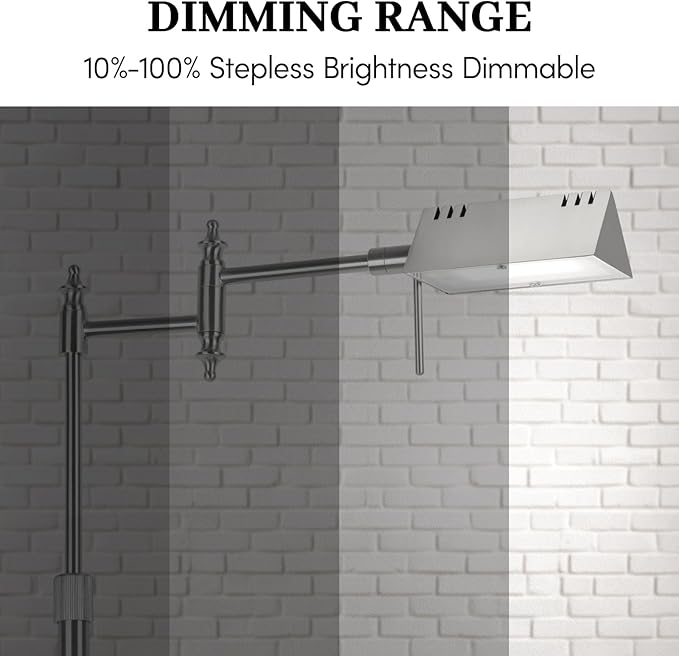 Dimmable Pharmacy Floor Lamp with Remote, 17W LED Reading Floor Lamp with 360°Swing Arm, 3 Color Temperature, Height Adjustable Silver Standing Task Lamp for Living Room, Bedroom, Brushed Nickel