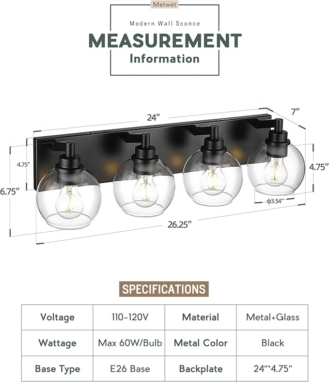 METWET Bathroom Light Fixtures, 4 Light Matte Black Vanity Light, 26 Inch Modern Wall Sconces with Globe Clear Glass Shade, Vanity Lighting Fixtures Over Mirror, VL195-MB-CL-4