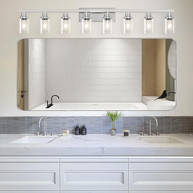 DIKAIDA 52inch Brushed Nickel Vanity Light Fixtures, 8 Light Brushed Nickel Bathroom Vanity Lights Over Mirror, Matte Nickel Modern Bathroom Wall Lighting for Mirror Bedroom,Living Room