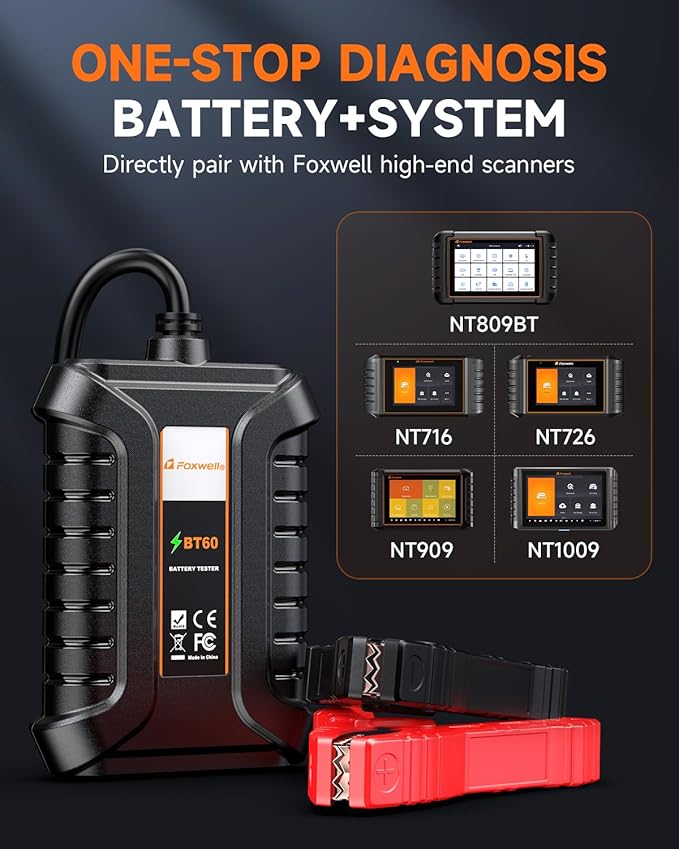 Bluetooth Car Battery Tester Foxwell BT60, 12V Battery Load Tester, Cranking Charging System Analyzer Fit for Android/iPhone & FOXWELL NT7/8/9 Series, 100-2000CCA Alternator Tester for Car Truck SUV