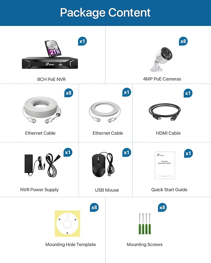 Loocam 8CH PoE Security Camera System 2TB HDD, 4MP Wired Bullet PoE IP Cameras, Person Vehicle Detection, 5MP NVR 24/7 Recording CCTV Home Surveillance Outdoor Indoor, Remote Access, Night Vision