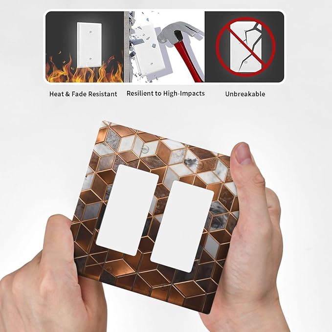 Bvtewkhz Brown Abstract Luxury Modern Geometric Cubic Marble 2 Gang Double Rocker Decorative Light Switch Covers Electrical Faceplate Switch Plates for Bathroom Kitchen Home