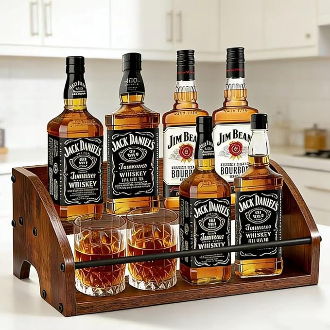 Rustic Wooden Countertop Organizer Brown - Liquor Bottle Display Shelf, Coffee Syrup Rack, Mini bar, Liquor Cabinet, Home Retro Bar Shelf Stand for Liquor Whiskey, Spirits