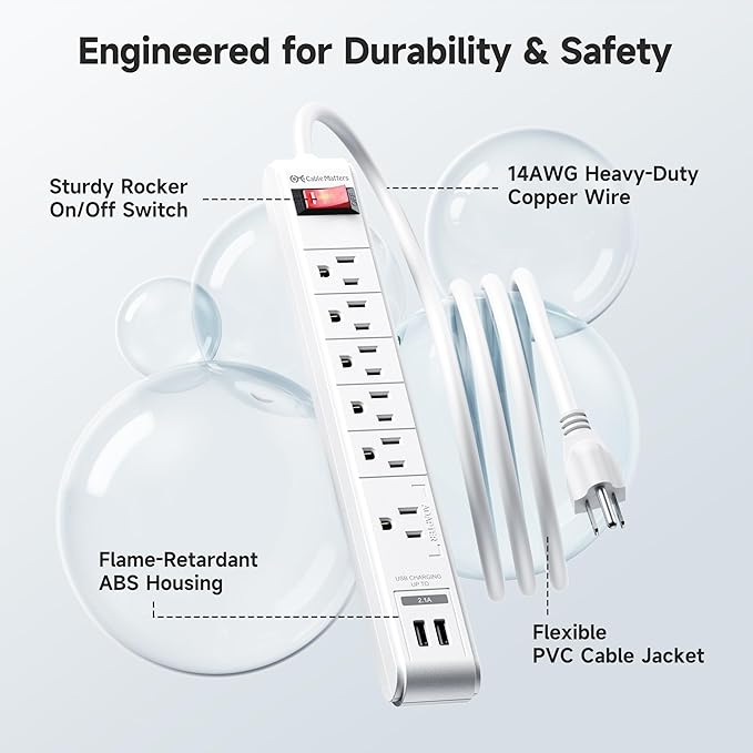[ETL Listed] Cable Matters 2-Pack 6-Outlet Surge Protector Power Strip with USB Ports - 12ft, Long Extension Cord, Surge Protector with USB Ports, White