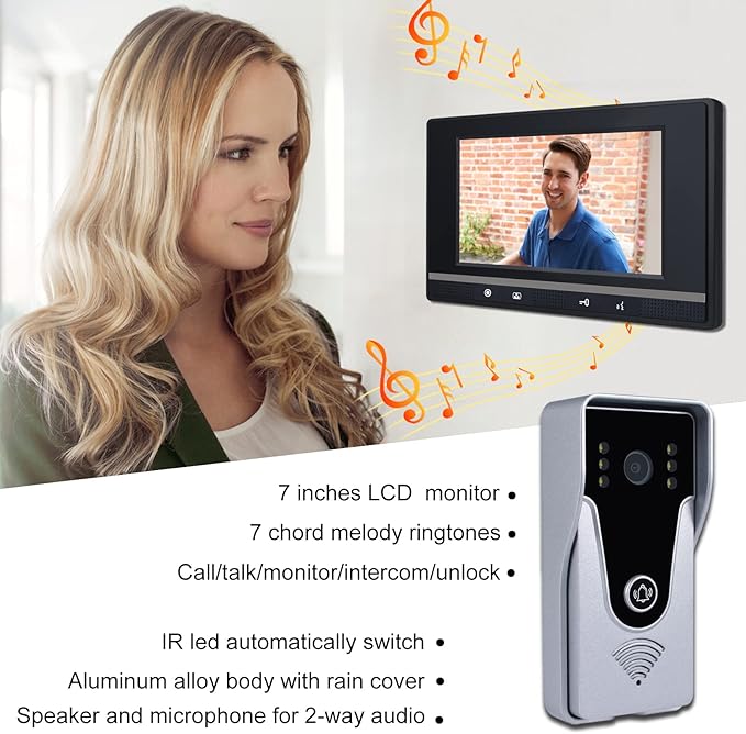 Wired Video Intercom System, 7 Inch Monitor and Aluminum Alloy Doorbell Camera, 2-Way Intercom Audio Video Doorbell Intercom Kits, Support Monitoring, Unlock indoor/outdoor for Home Security System