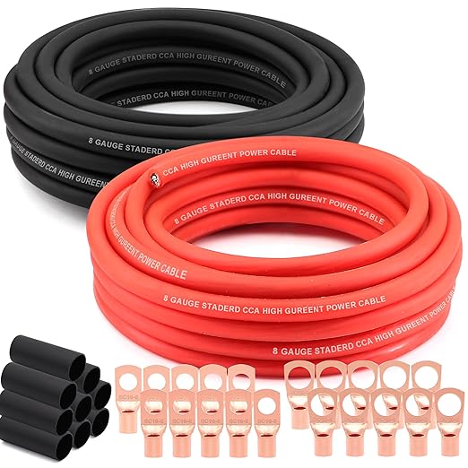 8 Gauge Wire (25ft Each - Red/Black) Copper Clad Aluminum CCA - Primary Automotive Wire,Car Amplifier Power & Ground Cable, 20PCS Lugs Terminal Connectors,20PCS 2:1 Heat Shrink Tubing
