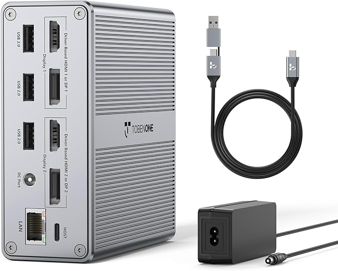 DisplayLink Docking Station Dual Monitor 4K@60HZ for MacBook, Windows, TobenONE Universal Mac mini M4 Dock with 2 HDMI & 2 DP, 65W Power Delivery, 7 USB, USB-C 3.1, Ethernet, SD/TF