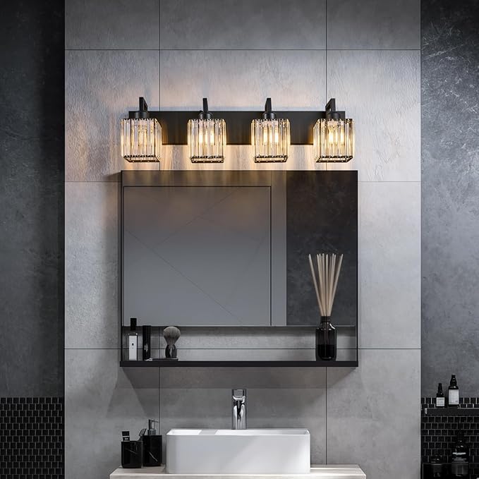FDPBY Black Bathroom Light Fixture, 4-Light Crystal Vanity Lighting, Bathroom Lighting Fixtures Over Mirror, Modern Crystal Wall Lamp
