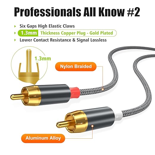 AGVEE 6.6ft RCA Cable, 2 RCA Male Thickened Six Claws Plug Stereo Auxiliary Audio Cord for Home Theater, Amplifier, Active Speakers or Subwoofer, Gray