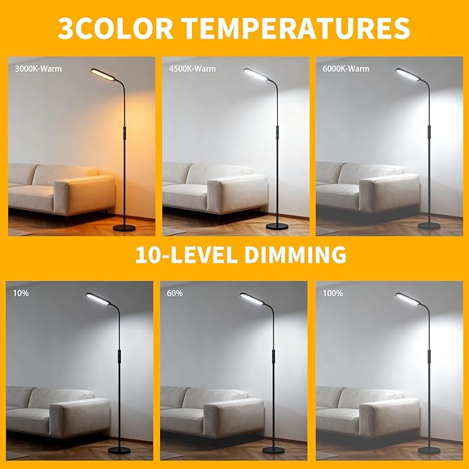 CeSunlight CRI95+ Floor Lamps for Living Room, 18W 3000LM Standing Lamp with 3 Color Temps, Gooseneck Adjustable Dimmable Lamp with Remote, Touch Control for Bedroom, Office, Tattoo Light