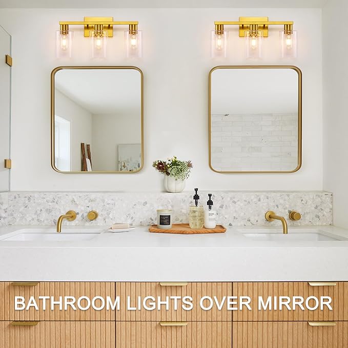 SOPEAS Gold 3-Light Bathroom Vanity Light, Modern Brushed Gold Vanity Lights with Clear Glass Shades, Bathroom Wall Sconce Lamp for Mirror Living Room Bedroom Hallway