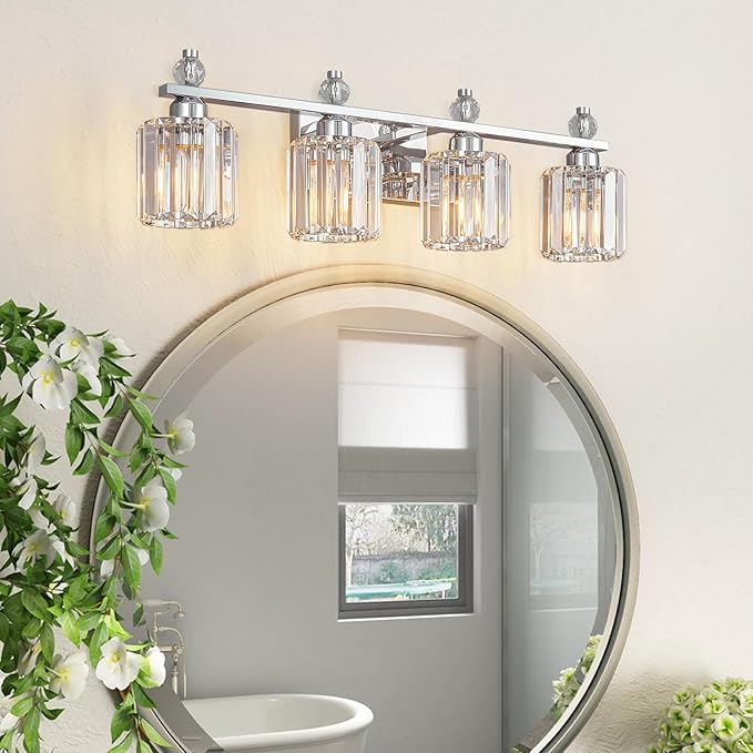 FDPBY Bathroom Vanity Lights 4-Light Chrome Modern Crystal Vanity Light Fixtures Over Mirror Crystal Bathroom Vanity Lighting Fixtures