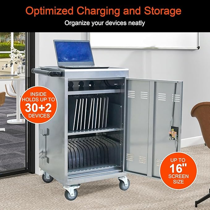 Aokleo 32 Devices Laptop Charging Cart, Tablet Storage Carts for Pad Up to 16.3" Screen Size, Classroom Computer Mobile Charging Station for Pads,Chromebooks,Laptops,Security Storage (Silver)