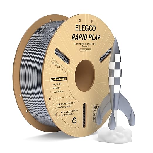 ELEGOO Rapid PLA Plus Filament 1.75mm Silver 1KG, PLA+ 3D Printer Filament for 600 mm/s High Speed Printing, Dimensional Accuracy +/- 0.02 mm, 1kg Cardboard Spool(2.2lbs)