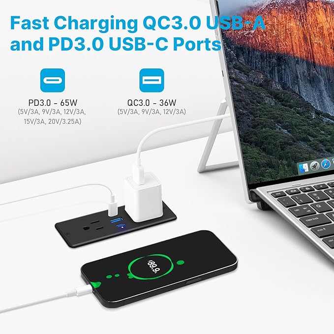 CCCEI Recessed Power Strip with Outlet and 65W USB C Ports, Furniture Flush Mount Power Strip, Small Desk Hidden Outlet for Conference Table, Nightstand, Black, 10FT.
