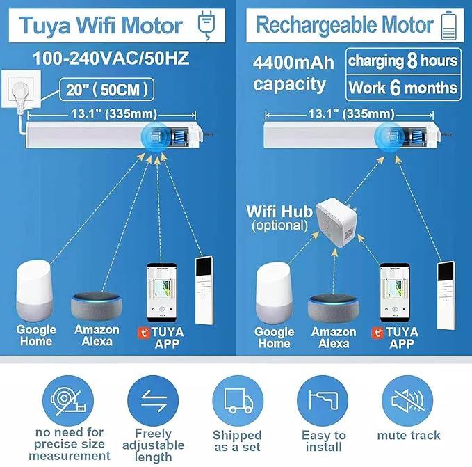 TIPIACE Hard-Wired Tuya Wifi Motorized Curtain Tracks to Remote Control Ceiling Mount Electric Retractable Curtain Rail Compatible with Alexa Google Home (L 66.9-118 inch)