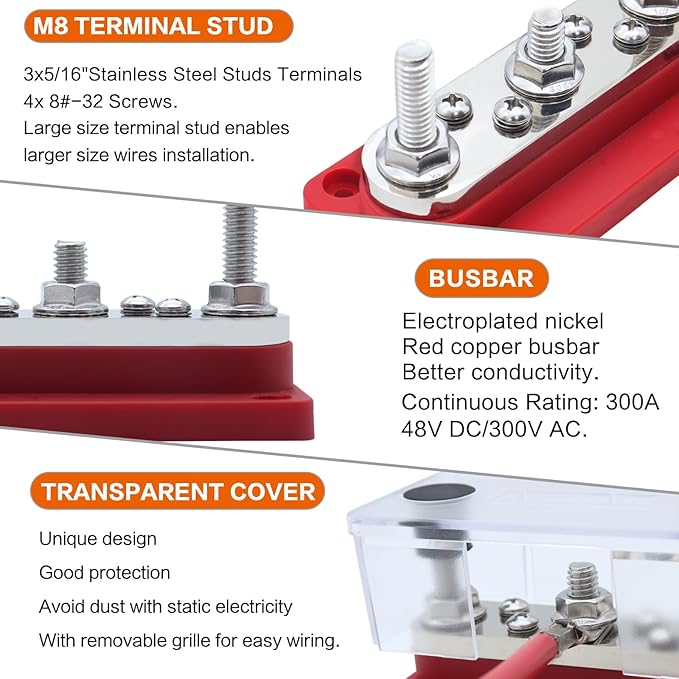 AMOMD 300A Bus Bars 3 Terminal Studs (5/16 inch) M8 4x8#-32 Screws Nickel Plated Copper Distribution Block Negative Electrical Buss Bars 12-48 V DC with Cover for Trailer Marine Boat Car RV (Red)