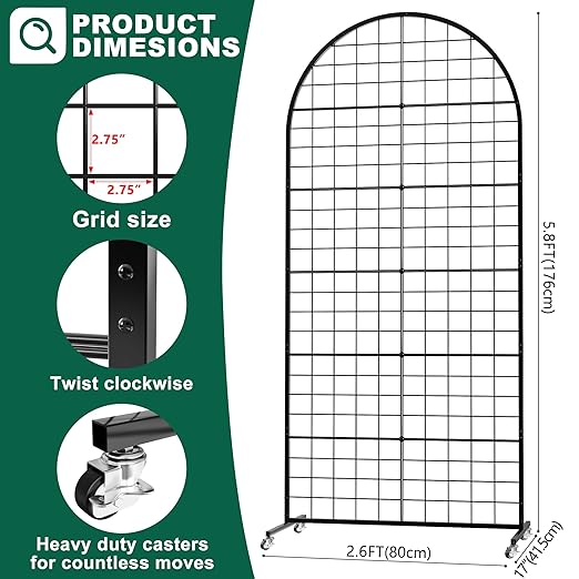 Asee'm Grid Wall Panels Display Stand 2.6' x 5.8' FT Black Movable Wire Grid Wall Display Rack Heavy Floorstanding Detachable Girdwall Panel with T-Base for Craft Show Rack, Retail Displays 1PCS