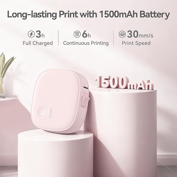 XenGro Mini Label Maker Machine with Tape AH-P05 - Portable Bluetooth Mini Label Printer, Wireless Thermal Label Maker, Waterproof & Rechargeable, Built-in Cutter, for Home, Office, Kitchen - Pink