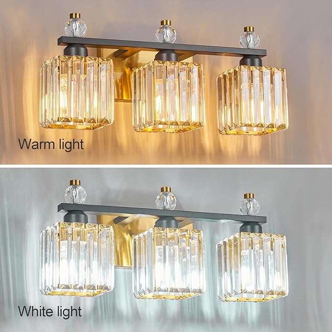 FDPBY 3-Light Modern Crystal Vanity Light - Black Gold Bathroom Light Fixtures Over Mirror