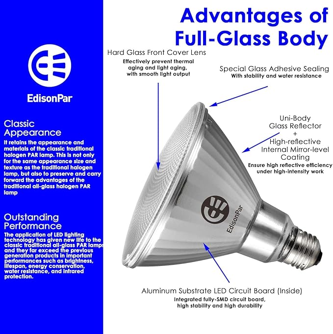 EdisonPar Full-Glass PAR38 LED Flood Light Bulbs Outdoor/Indoor Equivalent 300 Watt, 4000 Lumens Ultra Bright, Non-Dimmable Waterproof 5000K Daylight, 2-Pack