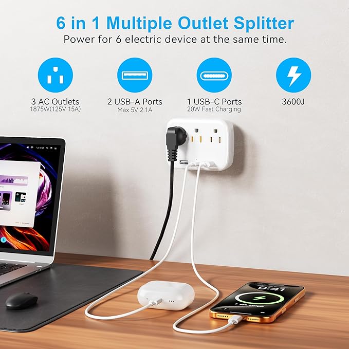 Penemay Multi Plug Wall Outlet Splitter With USB, Multiple Outlet Extender Surge Protector With 3 USB Ports(1 USB C PD20W), Electrical Outlet Adapter Extension for Travel Home Office Dorm 2 Pack White