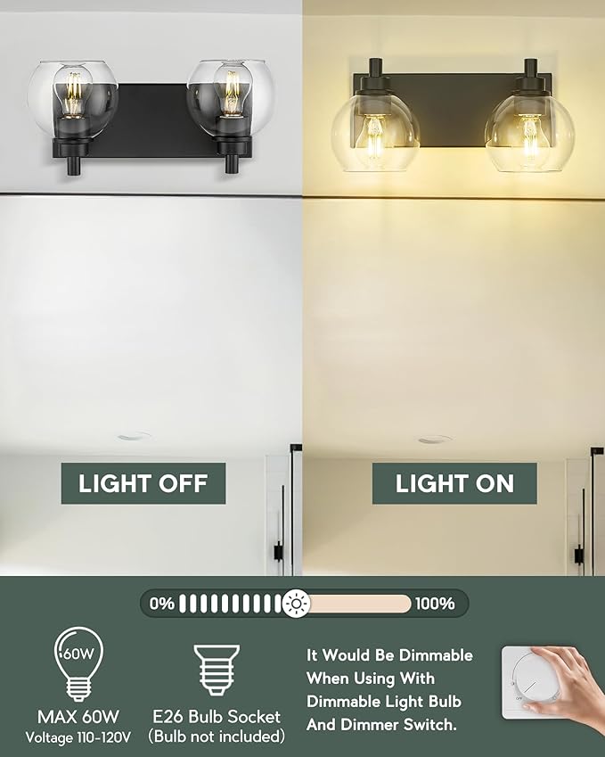METWET Bathroom Light Fixtures, 2 Light Matte Black Vanity Light, Modern Wall Sconces with Clear Glass Globe Shade, Bathroom Wall Lights Over Mirror Kitchen Bedroom Hallway, VL195-MB-2