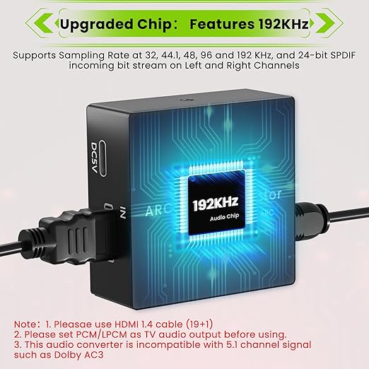 192KHz ARC Audio Extractor, HDMI ARC to Optical Converter, ARC to Optical/Toslink+3.5mm AUX Output, ARC to RCA Audio Converter for TV Amplifier Speaker/Soundbar/Headset