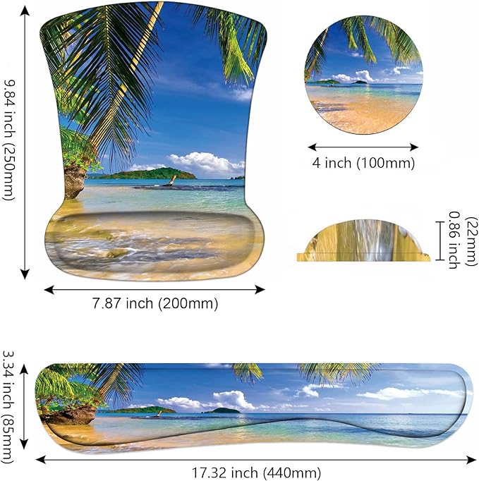 Ergonomic Mouse Pad Wrist Support and Keyboard Wrist Rest Set with Coasters, Non-Slip PU Base, Easy Typing and Relieve Wrist Pain, Perfect for Home Office Working Studying, Shore Palms Tropical Beach