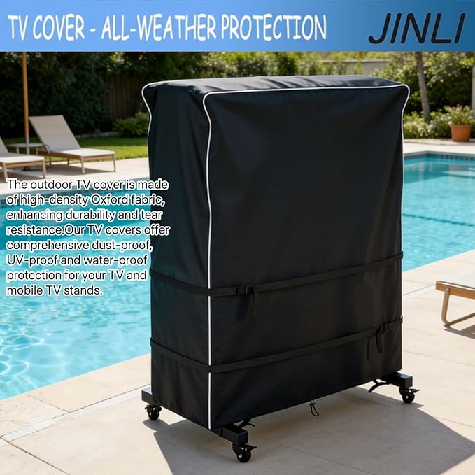 JINLI 65-70 inch outdoor TV trolley cover, courtyard TV cover, Oxford fabric waterproof and dustproof, triple windproof design, compatible with rolling/mobile stand