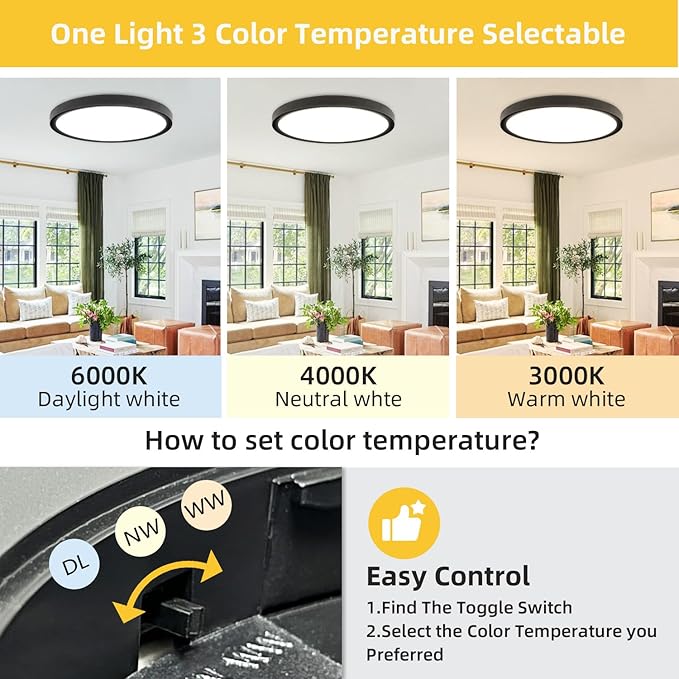 RLEDPZTX Led Flush Mount Ceiling Light,16 Inch 32w 3480lm,3000k/4000k/6000k 3CCT Selectable, Round Modern Flat Panel Super Slim Led Ceiling Light,for Living Dining Kitchen Bedroom Room (4Pack-Black)