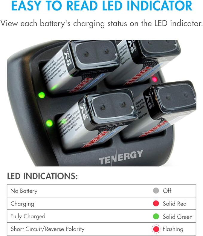 Tenergy TN294 4-Bay 9V Li-ion Battery Charger + 4pcs 9V 600mAh Li-ion Rechargeable Battery