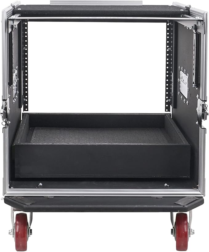 Sound Town 10U PA DJ Pro Audio Rack/Road ATA Case with 2U Drawer, 11U Slant Mixer Top, DJ Work Table, Casters, Pro Tour Grade (MR-DR10U)