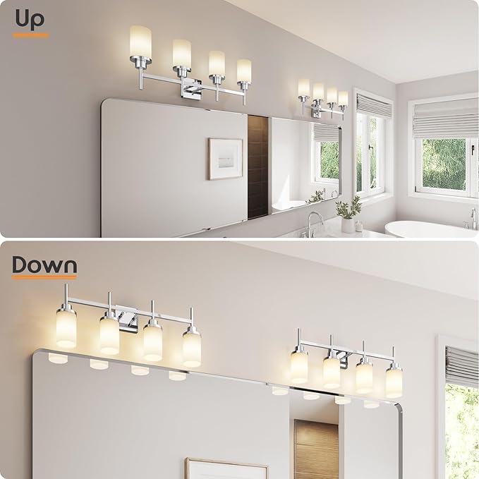 AONEON 4-Light Vanity Lighting Fixtures with White Frosted Glass Shade, Polished Chrome Bathroom Wall Lamps Over Mirror for Bath Restroom Kitchen T001CH-L4