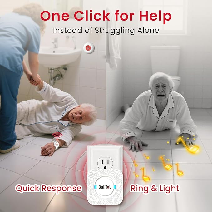 CallToU Caregiver Pager Wireless Call Button Nurse Alert System 500+ Feet for Home/Elderly/Patient/Disabled 2 Plugin Receiver 2 Waterproof Transmitter 1 Watch Transmitter