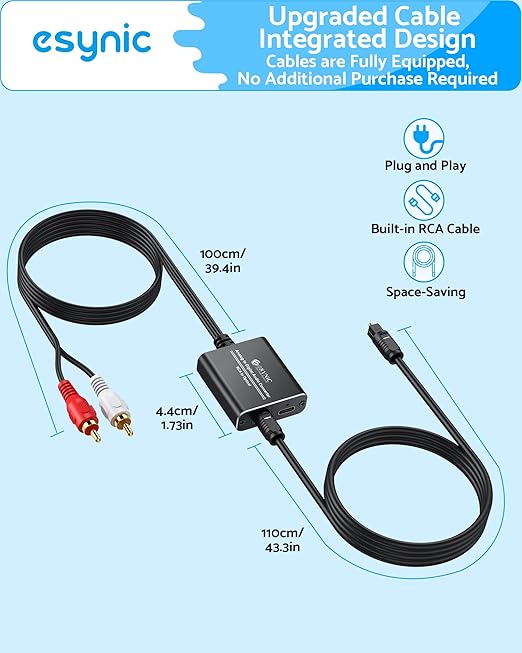 eSynic RCA to Optical Audio Converter-7ft Cable Long-Only from RCA to SPDIF Toslink-Not Bi-Directional-Easy to Setup-Aluminum Alloy Analog to Digital Audio Adapter for CD Player to Optical Soundbar