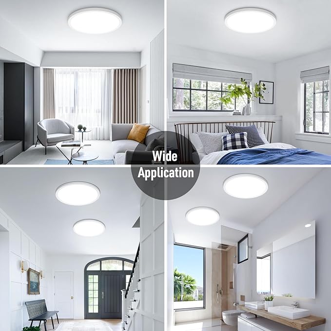 SunRider 4-Pack LED Flush Mount Ceiling Light Fixture, 6000K Cool White, 2400LM, 12 Inch 24W Modern White Round Flat Lamp, 240W Equiv. Non-Dimmable