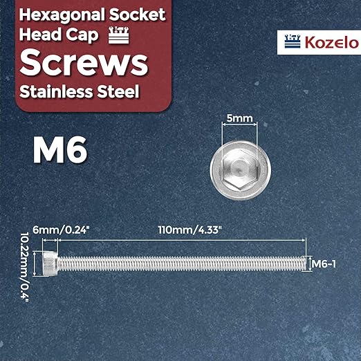 Kozelo 5pcs Socket Head Cap Screws - [M6-1 x 110mm] 304 Stainless Steel Allen Socket Drive for Electrical Motor 3D Printing Fan Engine Replacement Use, Silver