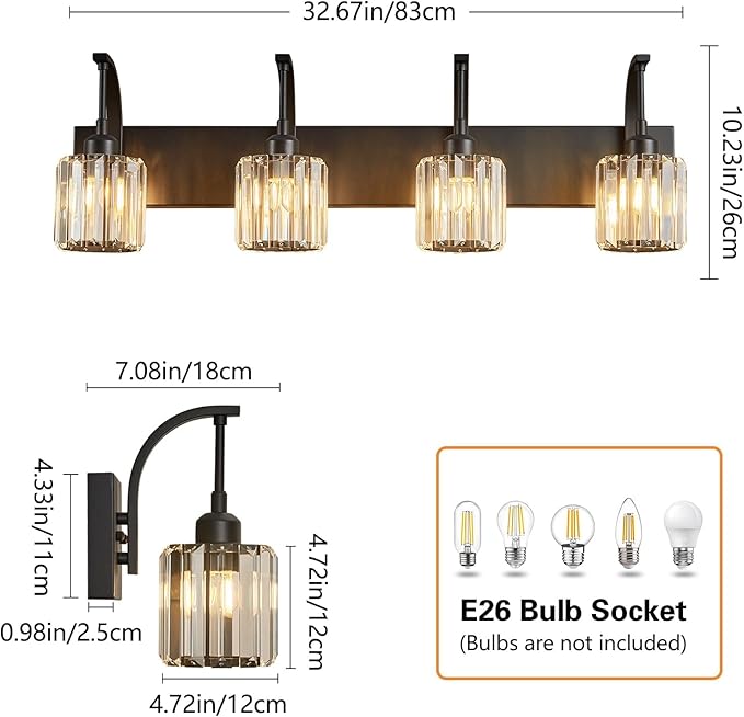 FDPBY 4-Light Crystal Vanity Light, Modern Black Bathroom Wall Sconce with K9 Crystal Shades, 32.67" Long Over Mirror Lighting for Vanity, Makeup, Hallway, Elegant & Easy Install