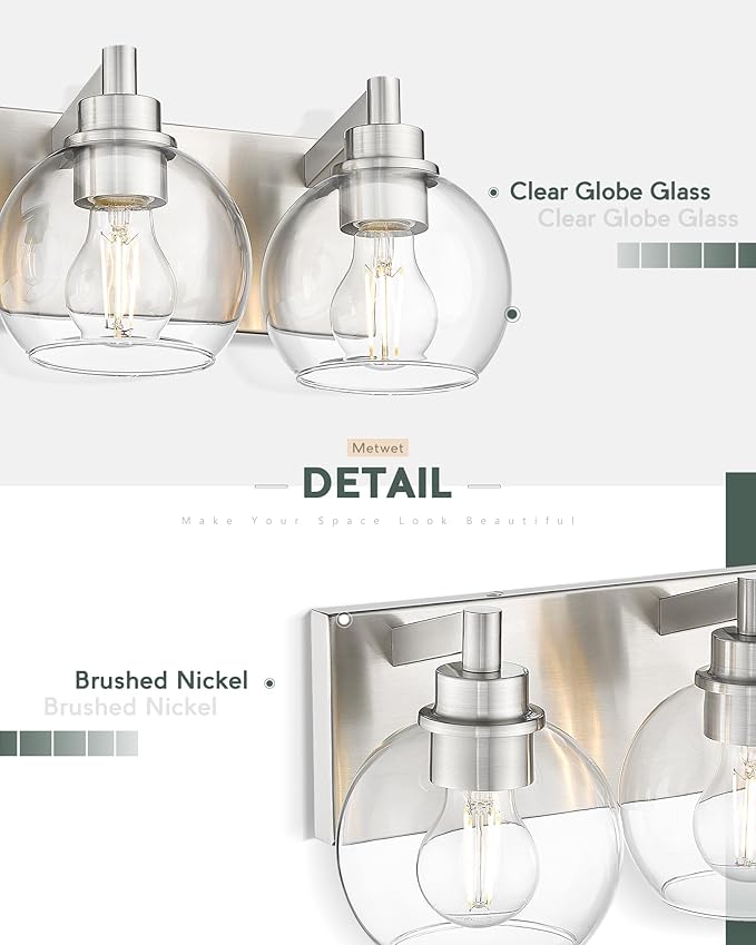 METWET Bathroom Light Fixtures, 3-Light Brushed Nickel Vanity Light, Modern Wall Sconces with Globe Clear Glass Shade, Vanity Lighting Fixtures Over Mirror, VL195-BN-CL-3