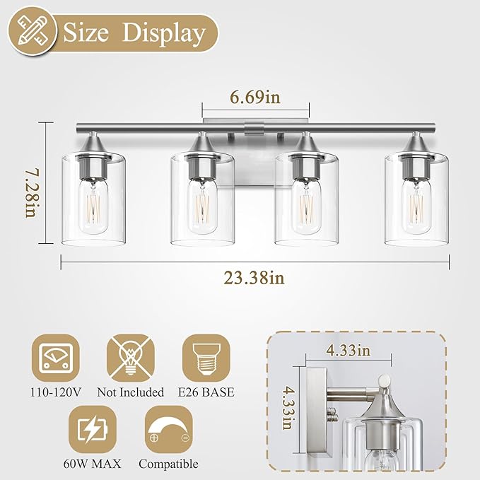 XPEHK 4-Light Bathroom Light Fixtures,Brushed Nickel Vanity Lighting Fixtures,Modern Wall Lighting Sconces for Mirror Bedroom Living Room Vanity Table Hallway