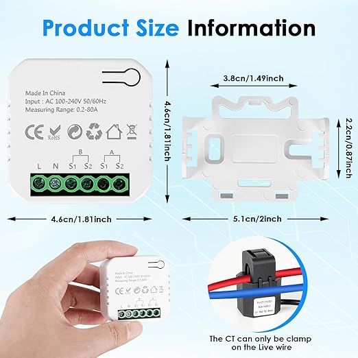 Smart Home Energy Monitor 2×80A, Dual-Channel Real-Time Electricity Usage Monitoring for Household Power, WiFi Energy Meter with App Control, Compatible with Tuya/Smart Life