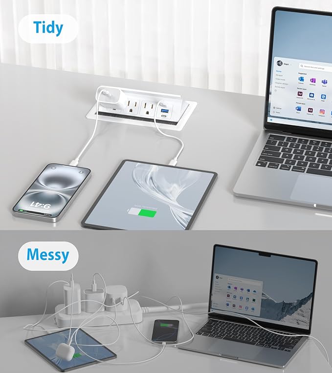 Recessed Conference Table Power Hub with 20W USB-C PD Fast Charging, Flush Mounted for Desks, Kitchens & RVs, 6FT Power Cord (White)