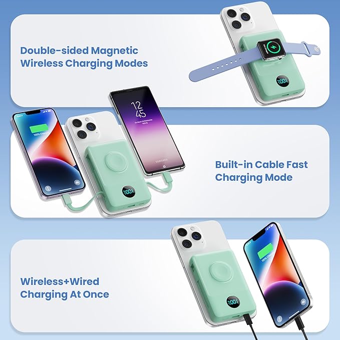 6 in 1 Magnetic Portable Charger for iPhone with Built-in Cables, 10800mAh 25W PD Fast Charging Power Bank, 6 Outputs Travel Essential Battery Pack for iPhone 17/16/15/14/13/12,Apple Watch (Green)