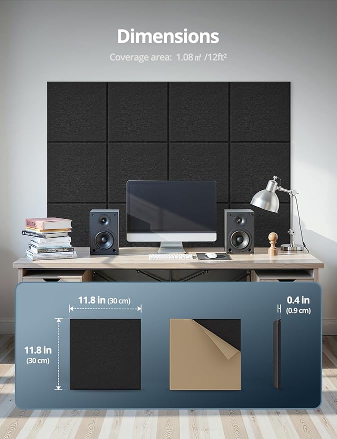 Square Acoustic Wall Panels, Sound Absorbing Panels for Walls, Ceiling, Doors, 12 Pack 12"x12"x0.4" Self Adhesive Decorative Black Acoustic Tiles for Recording Studio, Office, Room, Home