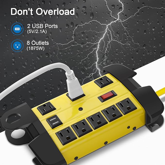 Heavy Duty Power Strip with USB, Workshop 8 Outlet Surge Protector 2700 Joules, Industrial Metal 15Amp Power Strip, 10 FT Extension Cord and Wide Spaced. Yellow