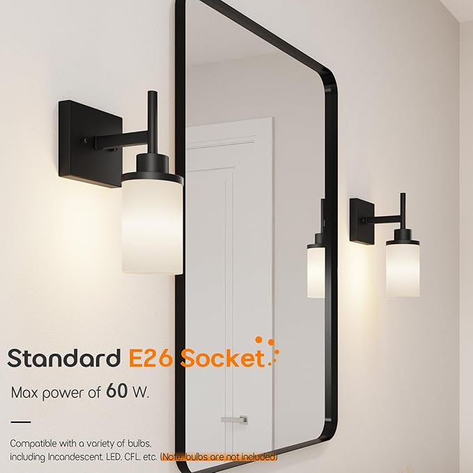 AONEON Wall Light Fixtures Matte Black Bathroom Vanity Lights Over Mirror with White Frosted Glass, Wall Lamps for Hallway Washroom Porch Entrance T001MB-L1